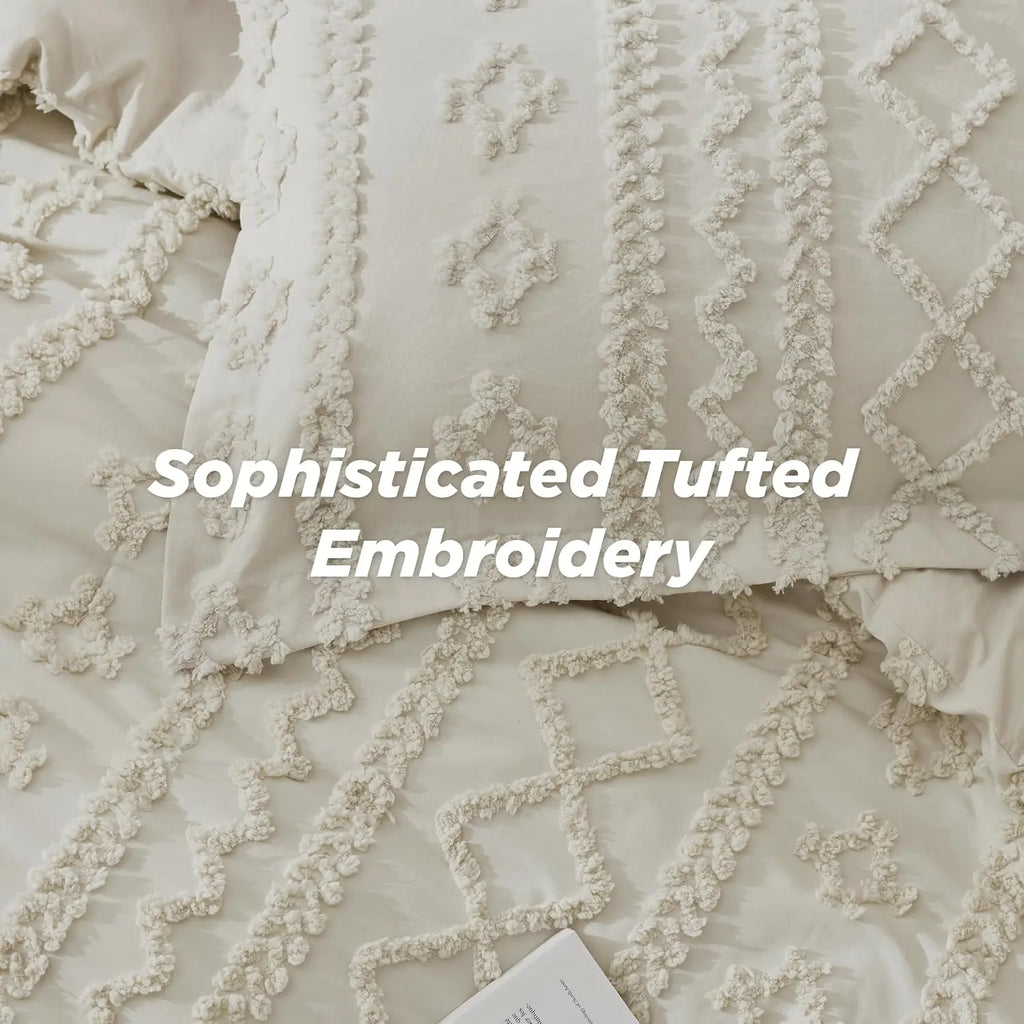 Tufted Bohemian Bedding Set 3-Piece – Breathable Comforter with 2 Pillowcases